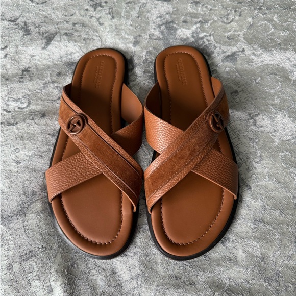 Giorgio Armani Leather Suede Brown Logo Sandals Slides US 12